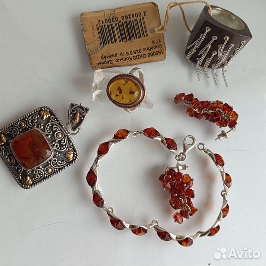 Серебро янтарь, кольцо, браслет, серьги, Suarty