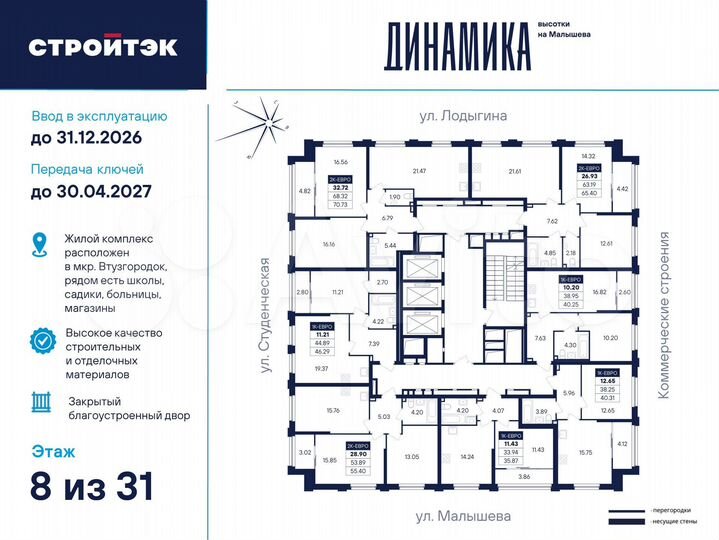 2-к. квартира, 55,4 м², 8/33 эт.