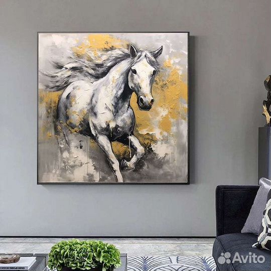 Большая картина маслом в интерьер Бегущий скакун