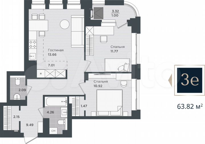 3-к. квартира, 63,8 м², 18/24 эт.