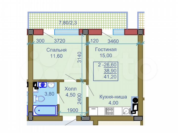 2-к. квартира, 41,5 м², 5/7 эт.