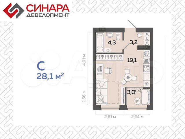 Квартира-студия, 28,1 м², 9/23 эт.