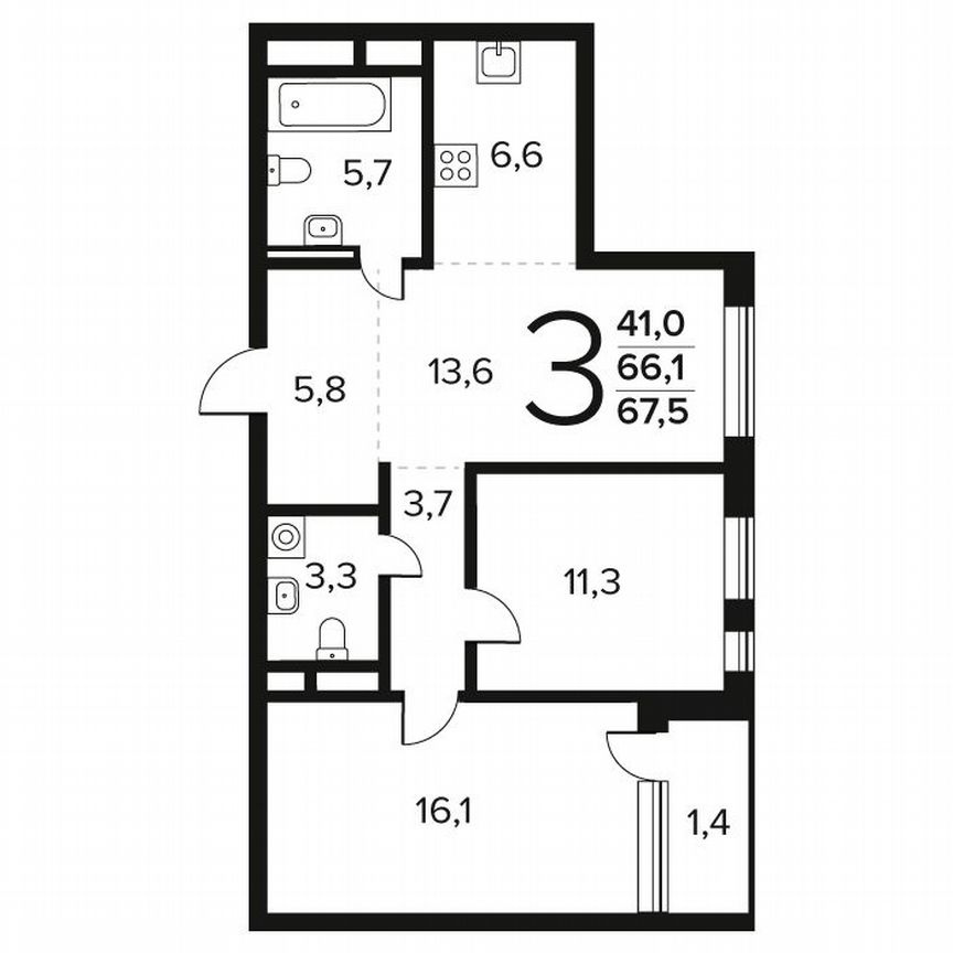 3-к. квартира, 67,5 м², 4/12 эт.