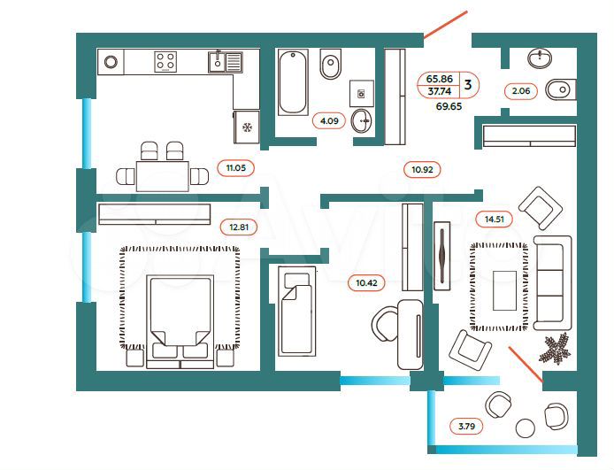 3-к. квартира, 69,7 м², 4/8 эт.