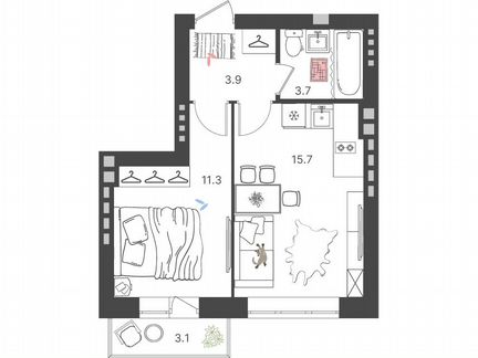 1-к. квартира, 34,6 м², 1/4 эт.