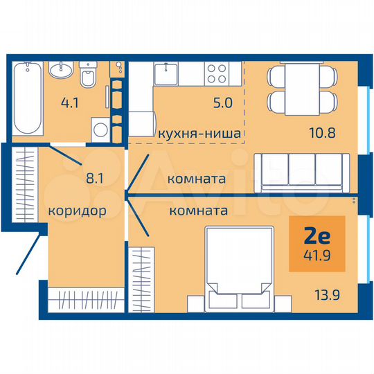 2-к. квартира, 41,9 м², 6/10 эт.