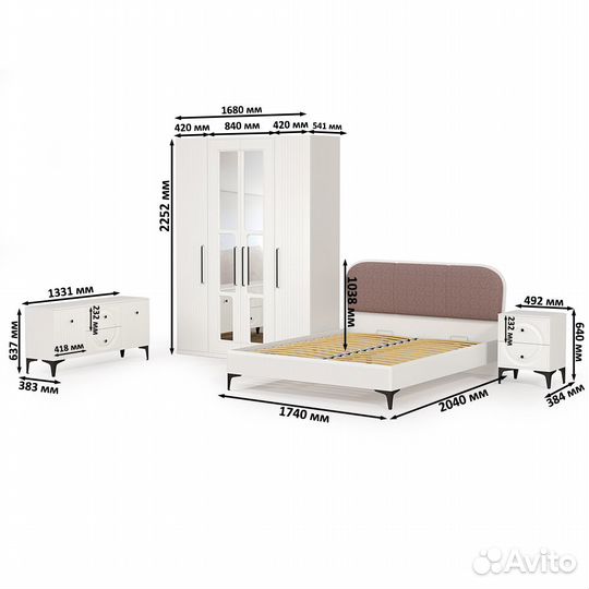 Спальня Валенсия № 44 с тумбой под тв и кровать с мягкой спинкой, цвет белый шагрень/ткань велутто