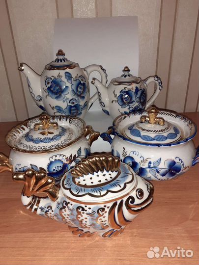 Гжель винтажная посуда в золоте