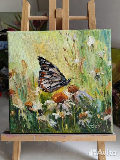 Картина маслом с бабочкой 20х20см