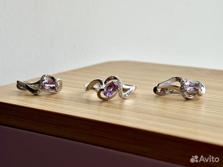 Серьги и кольцо с аметистами натуральными