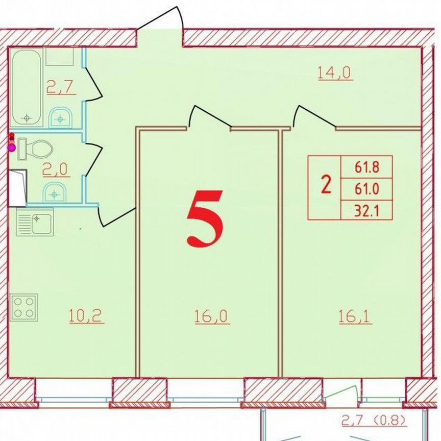 2-к. квартира, 61,8 м², 3/9 эт.