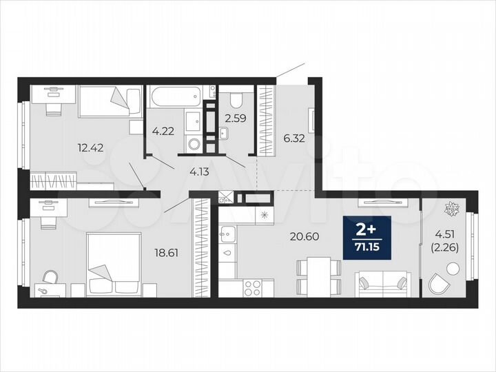 2-к. квартира, 71,2 м², 7/21 эт.