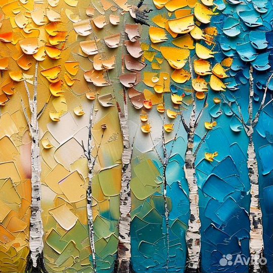 Большая картина текстурной пастой березовый вихрь
