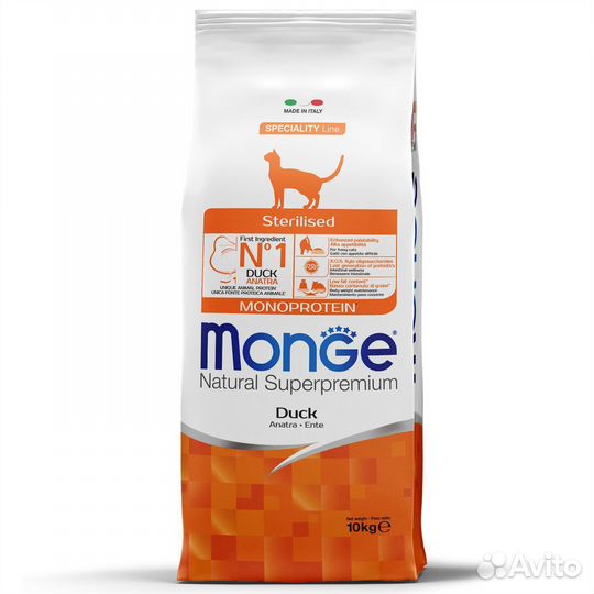 Корм для кошек Monge Sterilised Duck с уткой 10 кг