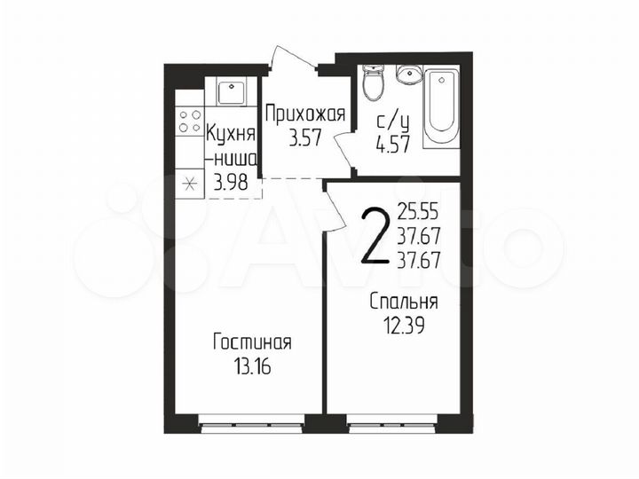 2-к. квартира, 37,6 м², 1/15 эт.