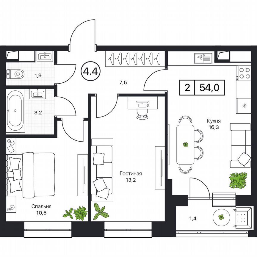 2-к. квартира, 54 м², 5/17 эт.