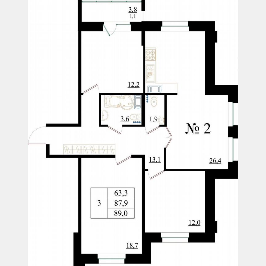 3-к. квартира, 89 м², 1/8 эт.