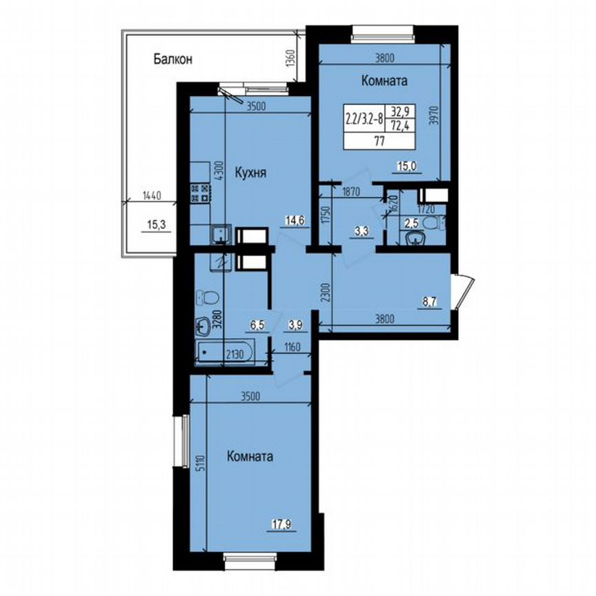 2-к. квартира, 77 м², 5/23 эт.