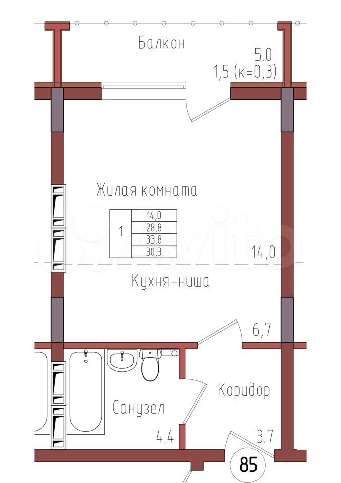 Квартира-студия, 30,3 м², 2/9 эт.