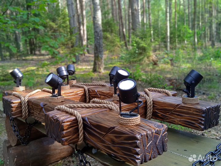 Светильник подвесной из дерева (брус) на 8 спотов