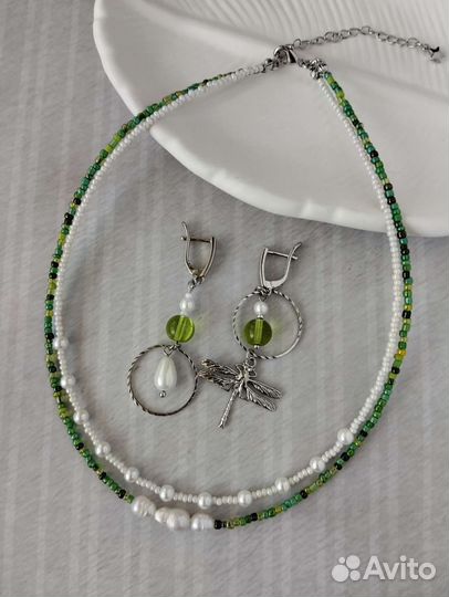 Серьги женские + чокер из бисера и жемчуга