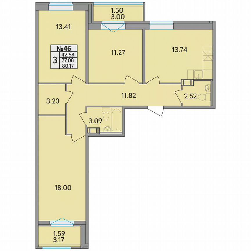 3-к. квартира, 80,2 м², 3/8 эт.