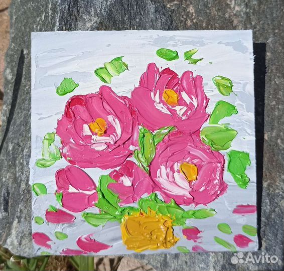 Объемная картина маслом пионы 3 миниатюры