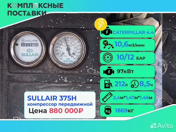 Винтовой компрессор Sullair б/у 10,6 куб.м 12 бар