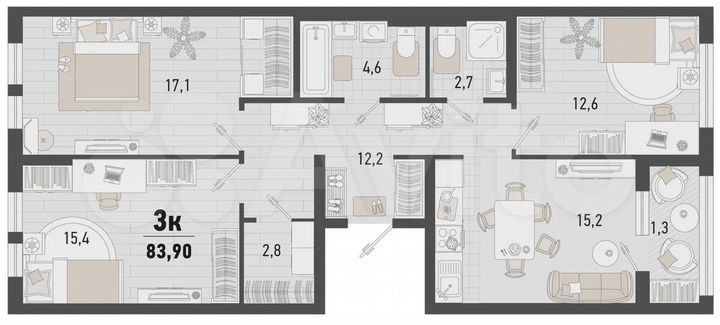 3-к. квартира, 83,9 м², 6/15 эт.