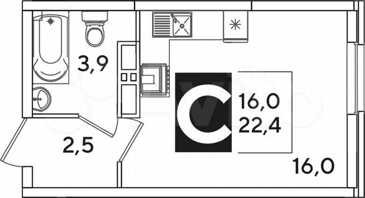 Квартира-студия, 22,4 м², 13/16 эт.