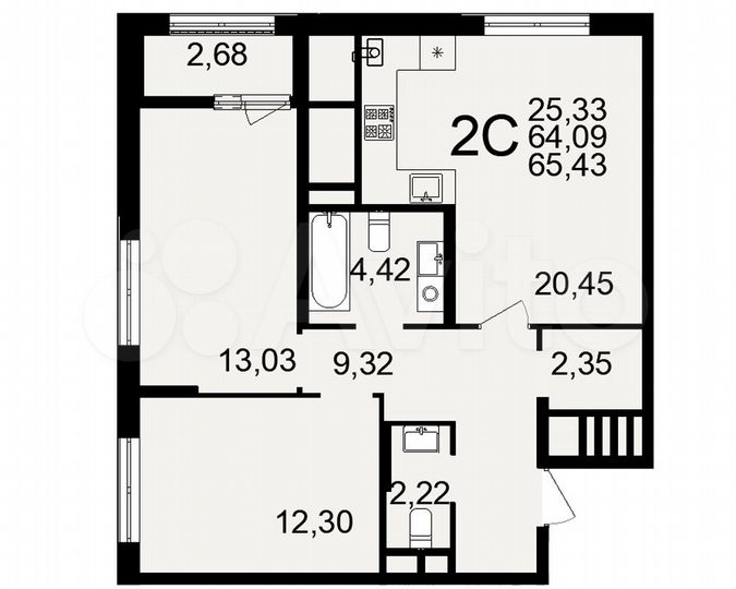 2-к. квартира, 65,4 м², 23/26 эт.