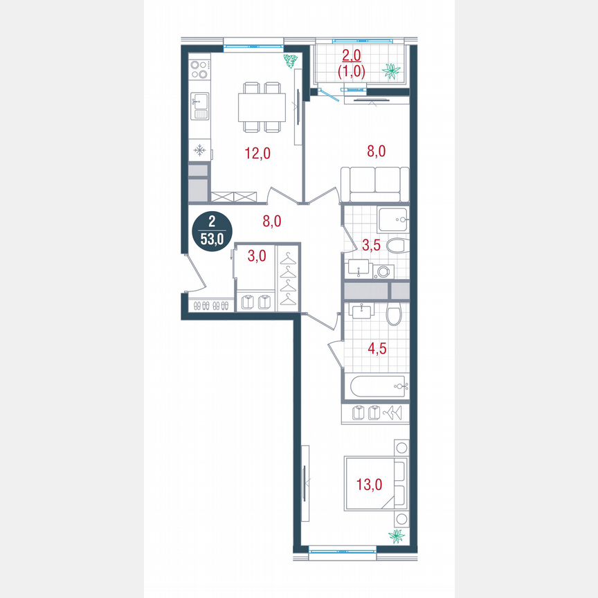 2-к. квартира, 53 м², 19/26 эт.