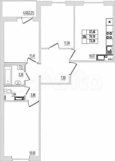 3-к. квартира, 72,4 м², 9/9 эт.