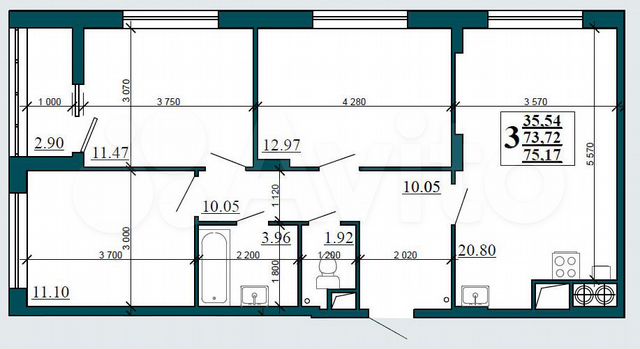 3-к. квартира, 75,2 м², 4/16 эт.