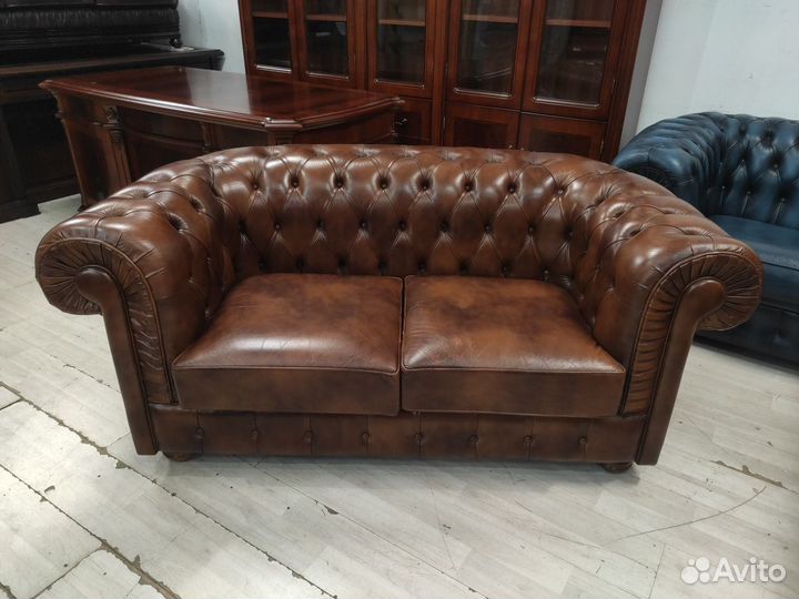 Диван 2-местный честер, кожа б/у 18113