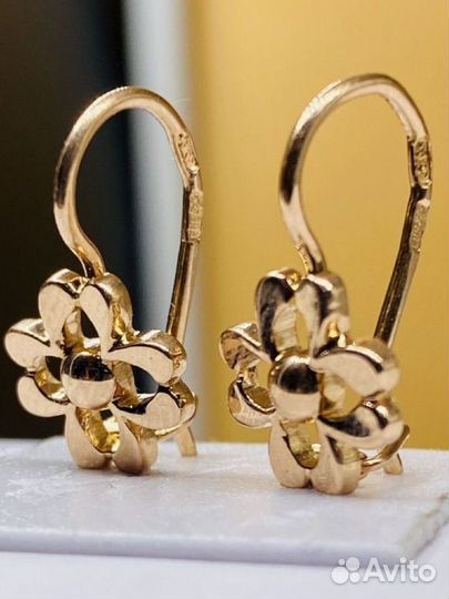 Золотые серьги 583 пробы Цветок СССР 2.93 гр