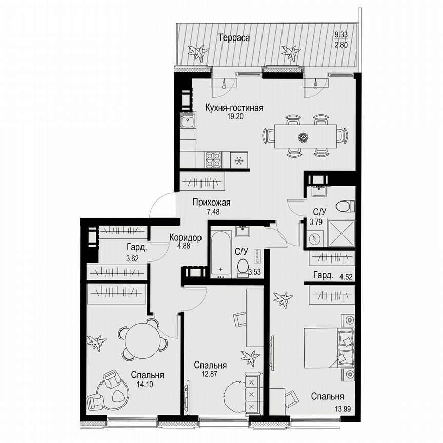 3-к. квартира, 90,8 м², 6/6 эт.