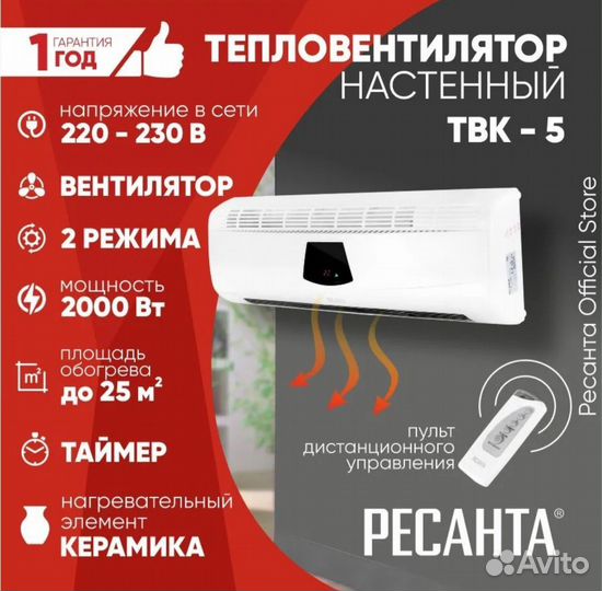 Тепловентилятор настенный твк-5 Ресанта(2000Вт)