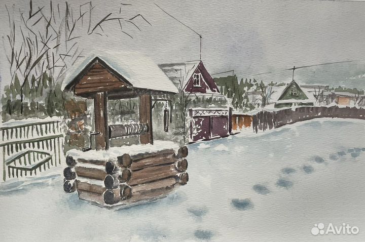 Акварель «У колодца». Ручная работа, размер А4