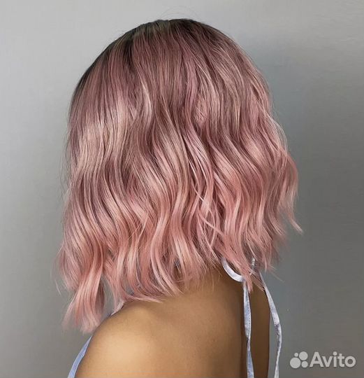 Парик розовый каре волны локоны омбре