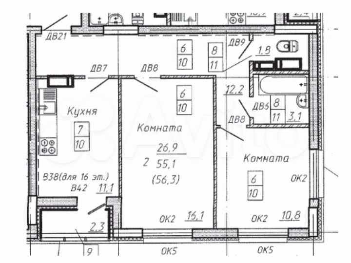 2-к. квартира, 56 м², 10/16 эт.