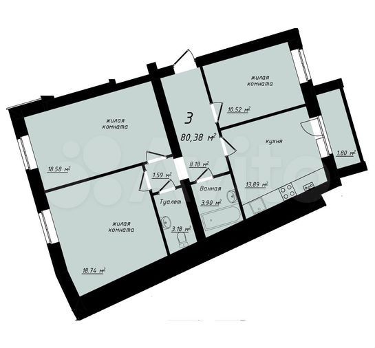 3-к. квартира, 80,4 м², 1/3 эт.