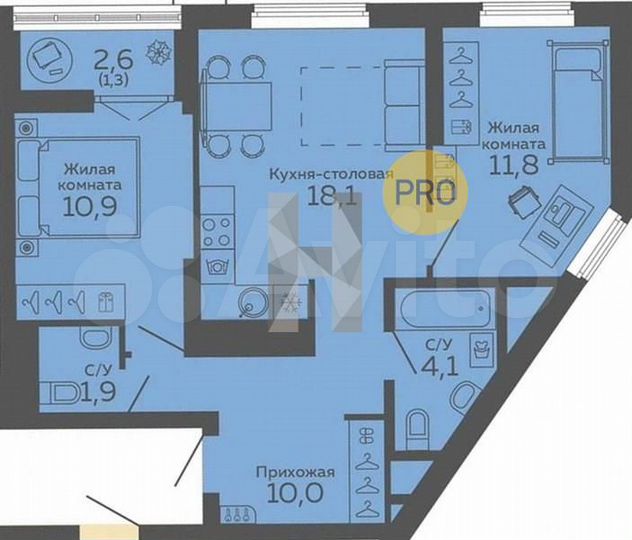2-к. квартира, 58,1 м², 6/25 эт.