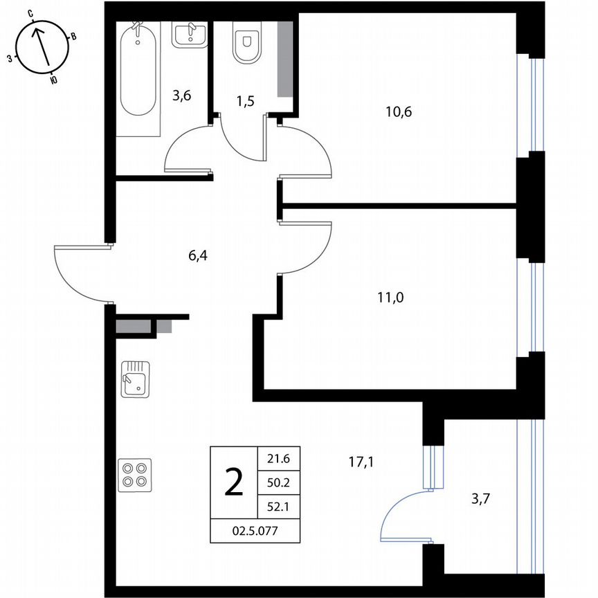2-к. квартира, 52,1 м², 2/3 эт.