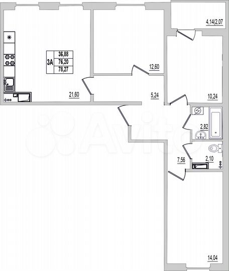 3-к. квартира, 78,3 м², 9/9 эт.