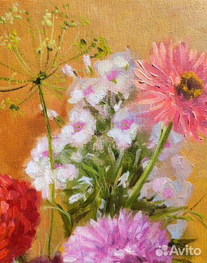 Картина с цветами маслом. Астры, циннии, флоксы