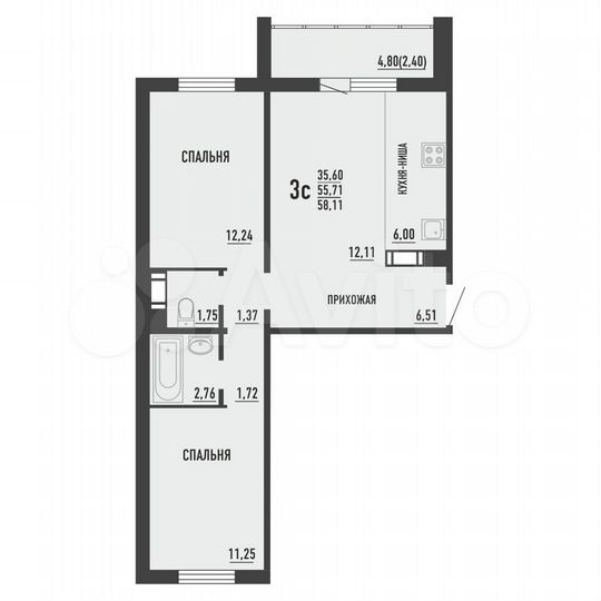 3-к. квартира, 58,1 м², 13/16 эт.