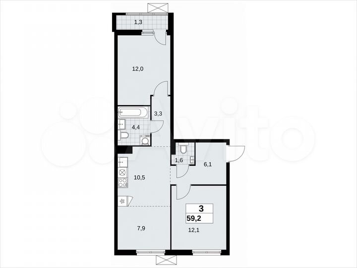 3-к. квартира, 59,2 м², 7/13 эт.