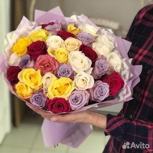 Букет разноцветных роз, Эквадор, 50см 37 шт