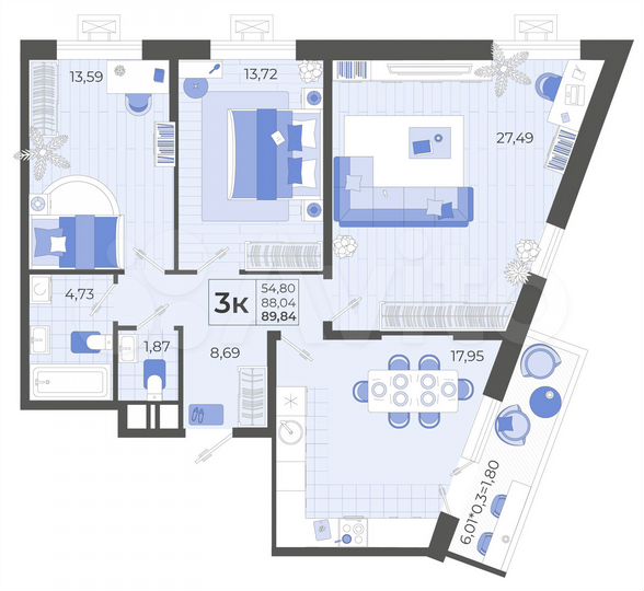 3-к. квартира, 89,8 м², 8/14 эт.